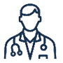 Line art of a doctor wearing a coat and stethoscope.