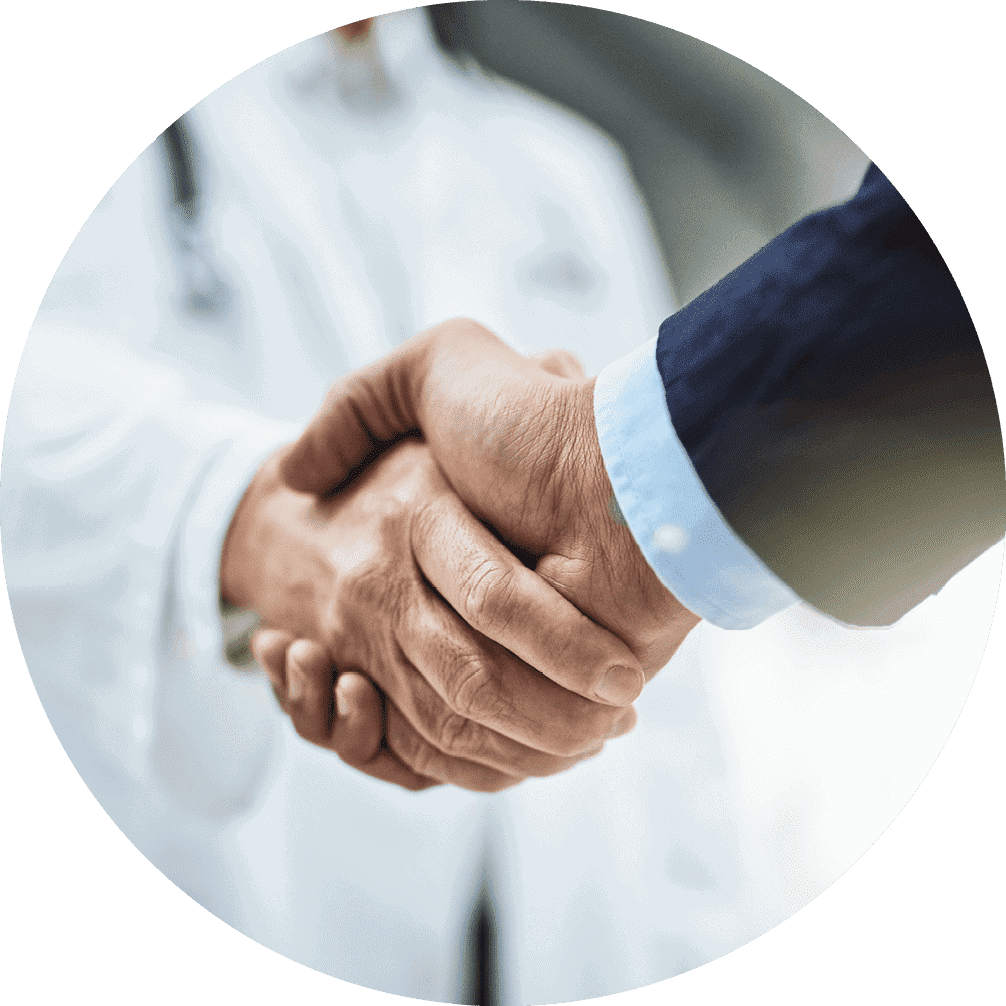 A circular frame pictures a handshake between a doctor and client.