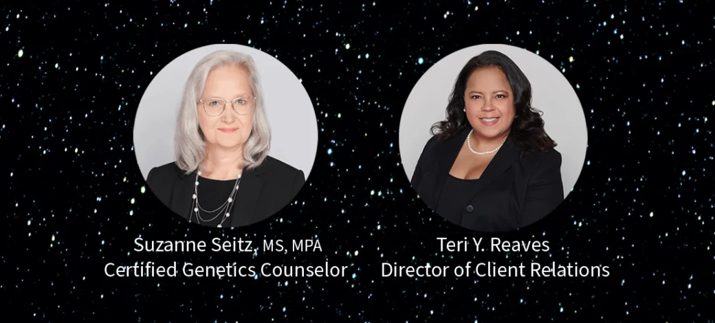 Fairfax EggBank Certified Genetics Counselor, Suzanne Seitz, MS, MPA, and Director of Client Relations, Teri Reaves in a webinar about expanded genetic testing.