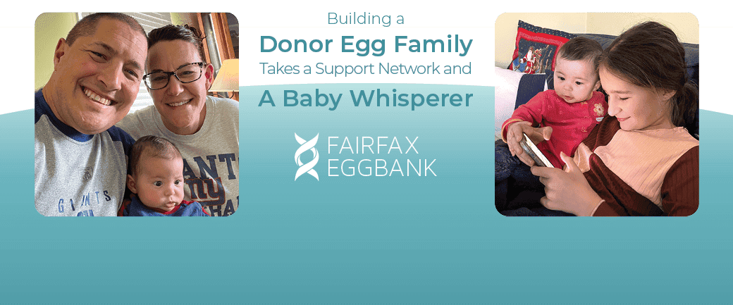 Two at-home selfies are featured on the banner, indicating a successful intended parent story with Fairfax EggBank.