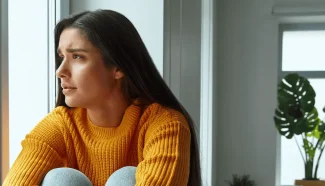 A woman in a bright orange sweater looks out the window with a worried expression.