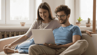 Couple smiling at laptop searching for their dream egg donor.