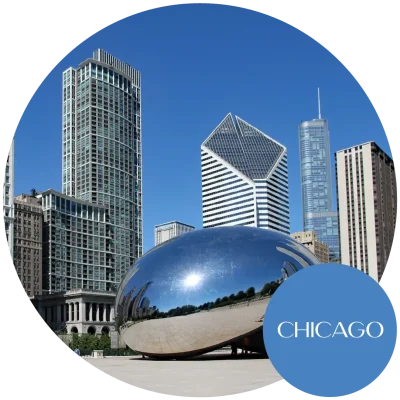 A view of the Cloud Gate sculpture in Chicago with towering skyscrapers in the background. Become an egg donor in Illinois today!